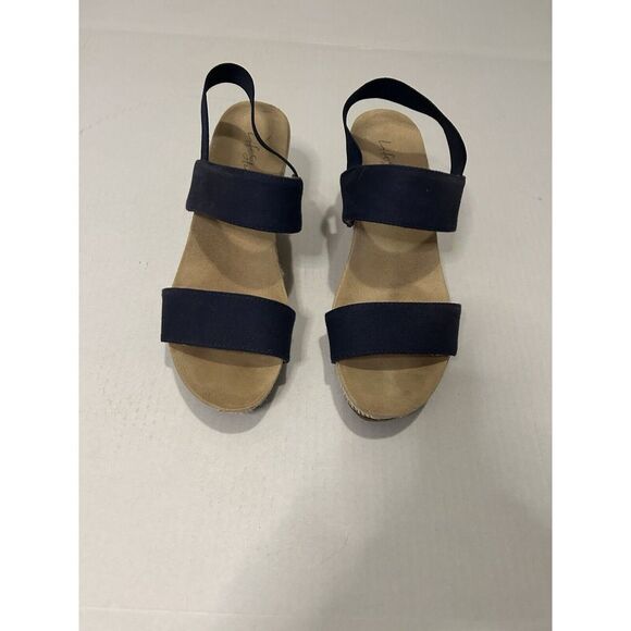 Life Stride Linen Navy Wrap‎ Sandals 3" wedge. Preowned in great condition, 8.5. - Picture 1 of 5